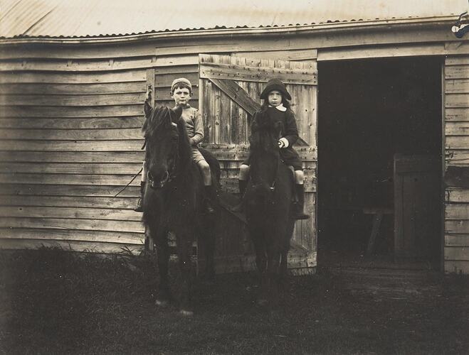 Digital Photograph - Boy & Girl on Horses at Stable, Won Wron, circa 1912