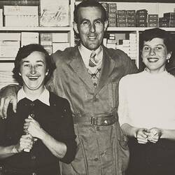 Digital Photograph - Manager, Builder Supplies Section, Two Female Staff, Courtney and Brear Hardware Store, Springvale, circa 1959.