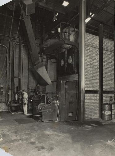 Digital Photograph - Boiler Attendant attending Coal fired Boiler, Alfred Lawrence and Co., Kensington, circa 1950