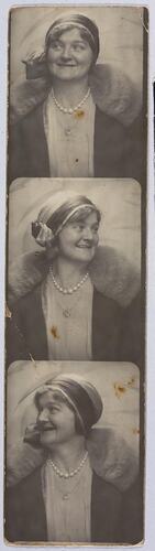 Vertical strip of 3 photographs of a woman posing. She wears a hat and coat.