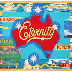 Bright red Australia with yellow text. White ship sails, opera house roof, bird around. Colourful text around.