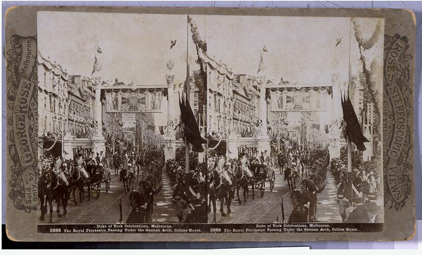 Stereograph - Federation Celebrations, Royal Party Passing Under German Arch