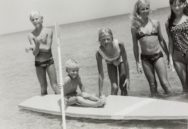 Two Boys, Three Girls & a Wooden Surf Ski, Carrum Beach, 1972