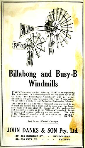 Advertisement - John Danks & Son, 'Billabong & Busy-B Windmills', 1930