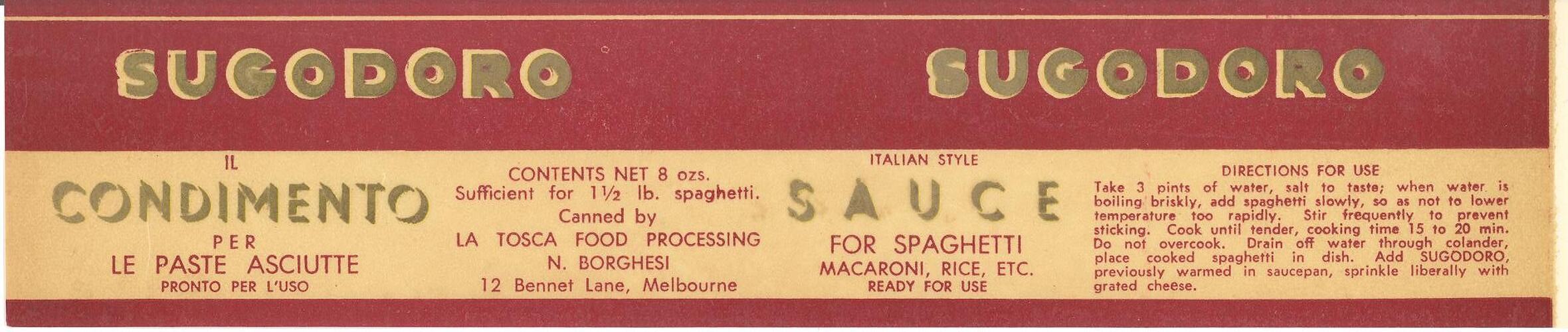 Food Label - La Tosca 'Sugodoro' Sauce, 1950s