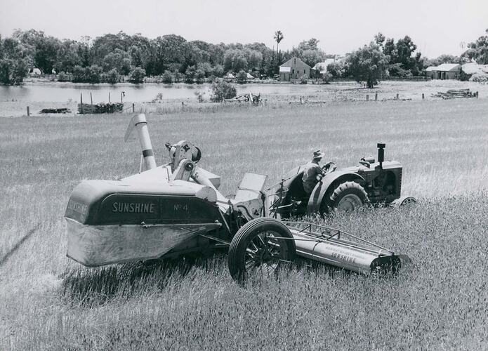 Man driving a tractor coupled to a Header Harvester.