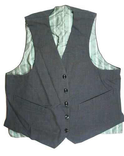 Grey waistcoat with five buttons down front.