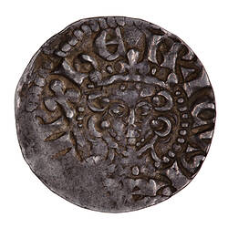 Coin, round, crowned bust of the King facing within a beaded circle, holding a sceptre.