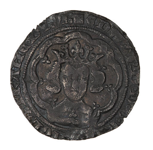 Coin, round, crowned bust of the King facing; text around, EDWARD D G REX ANGL Z FRANC D HYB.