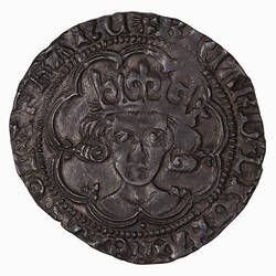 Coin, round, crowned bust of the King facing; text around.