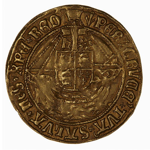 Coin, round, ship with crucifix mast from which hangs a shield quartered with the arms of England and France.