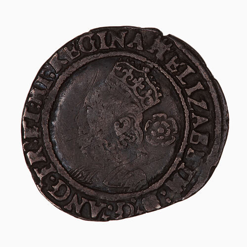 Coin, round, Crowned bust of the queen facing left in ruff and embroided dress; behind, rose; text around.