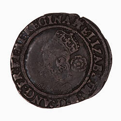 Coin, round, Crowned bust of the queen facing left in ruff and embroided dress; behind, rose; text around.