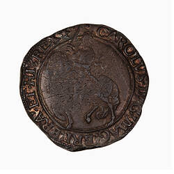 Coin, round, at centre within a circle of beads; crowned king wearing long scarf, holding sword near upright.