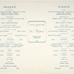 Menu - Italian Lloyd Triestino Line, MN Neptunia, Dinner, 23 Jan 1952