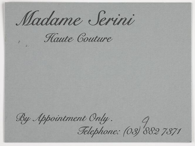 Business Card - 'Madame Serini, Haute Couture', 1959-1979