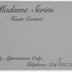 Business Card - 'Madame Serini, Haute Couture', 1971-1994
