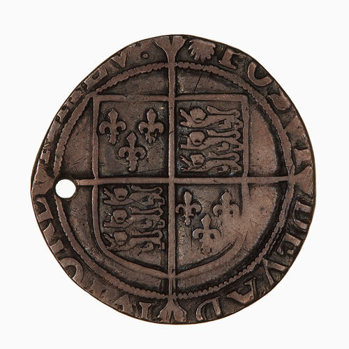 Coin, round, Within a bead circle a plain square top shield quartered with the arms of France and England.