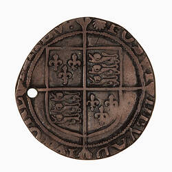 Coin, round, Within a bead circle a plain square top shield quartered with the arms of France and England.