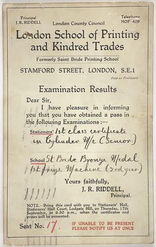 Report - Examination Results, London School of Printing and Kindred Trades