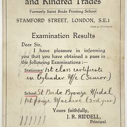 Report - Examination Results, London School of Printing & Kindred Trades, 25 Jul 1925