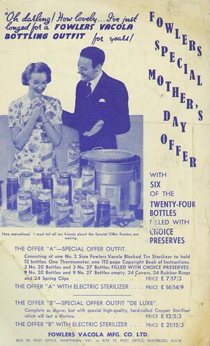 Publicity Leaflet - Fowlers Vacola, Fruit Preserving Equipment. circa 1940, Front Cover