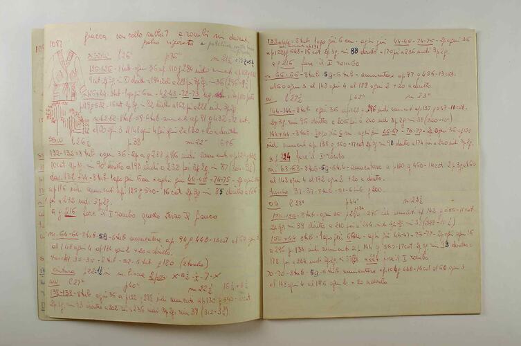 Open book, white paper with red text.