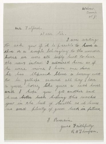 Letter - Thompson to Telford, Phar Lap's Death, 1932