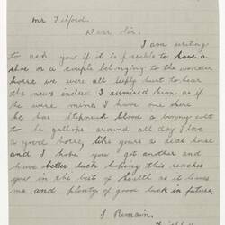 Letter - Thompson to Telford, Phar Lap's Death, 1932
