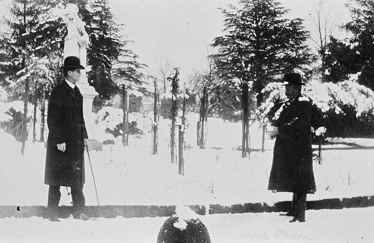 Negative - Two Men Standing in Snow in the Botanical Gardens, Ballarat, Victoria, 1906t, Victoria, 1906