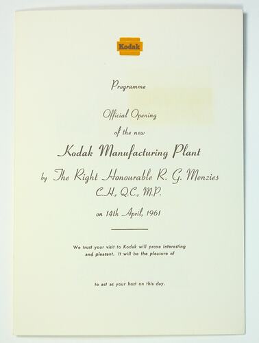 Programme - Kodak Australasia Pty Ltd, 'Official Opening of the New Kodak Manufacturing Plant by The Right Honourable R.G. Menzies', 1961
