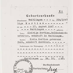 Birth Certificate - Liga Nartiss, Germany, 28 Oct 1948