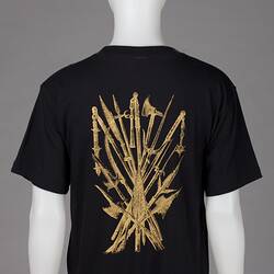 Black t-shirt back, cluster image of medieval weaponry.