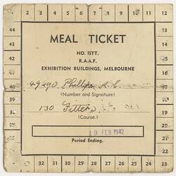 Ticket - Meal, Issued to RC Phillips, RAAF Exhibition Buildings Melbourne, 19 Feb 1942
