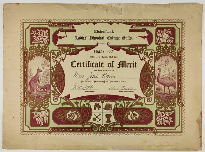 Certificate - Merit, Elsternwick Ladies' Physical Culture Guild, 1922