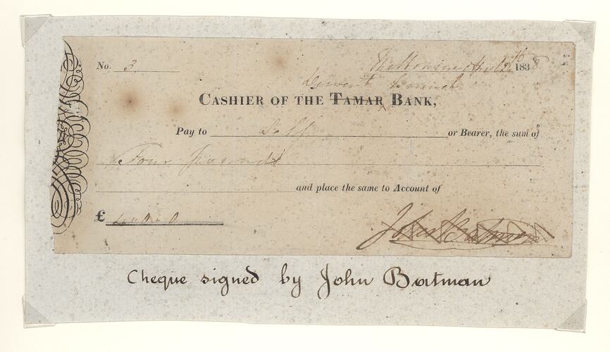 Cheque - Henry Batman, Derwent Bank, Melbourne Branch, Victoria, Australia, 1838