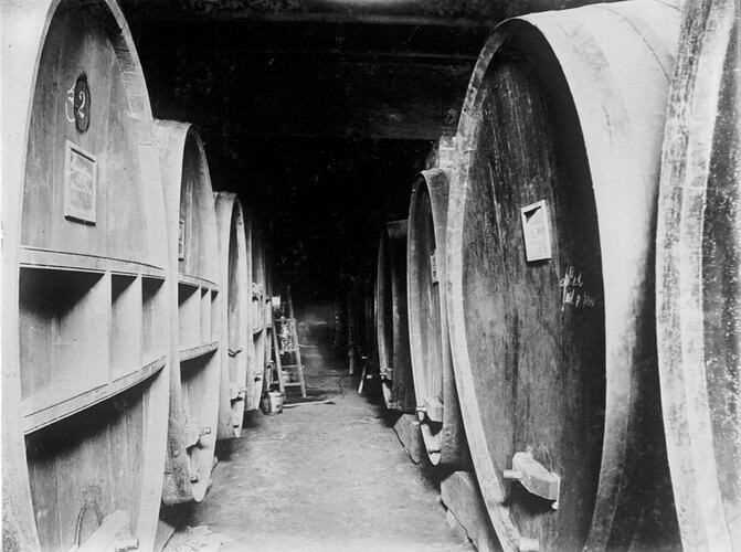 The wine cellar at St Huberts Winery, Yarra Valley, about 1902