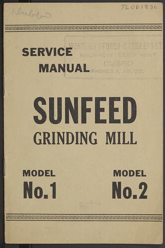Service Manual - H.V. McKay Massey Harris, SUNFEED, Model No.1 & No. 2, Grinding Mill, 1949