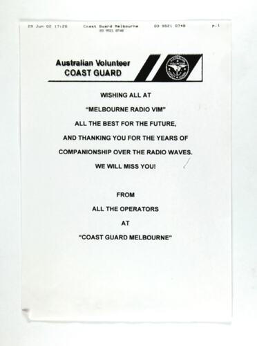 Farewell Message - AVCG, Melbourne Coastal Radio Station, 2002