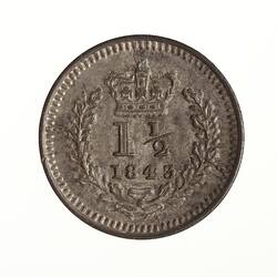 Coin with oak leaf wreath framing denomination and date. Crown above.