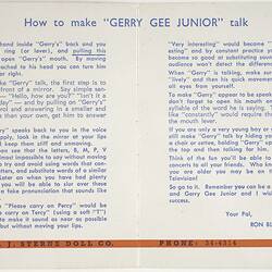 Booklet - Sterne Doll Company, 'How To Make Gerry Gee Junior Talk', 1960s