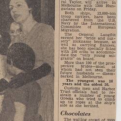 Newsclipping - The Age, 'Bride, Nursery Ship Brings 1300', 14 Jun 1957