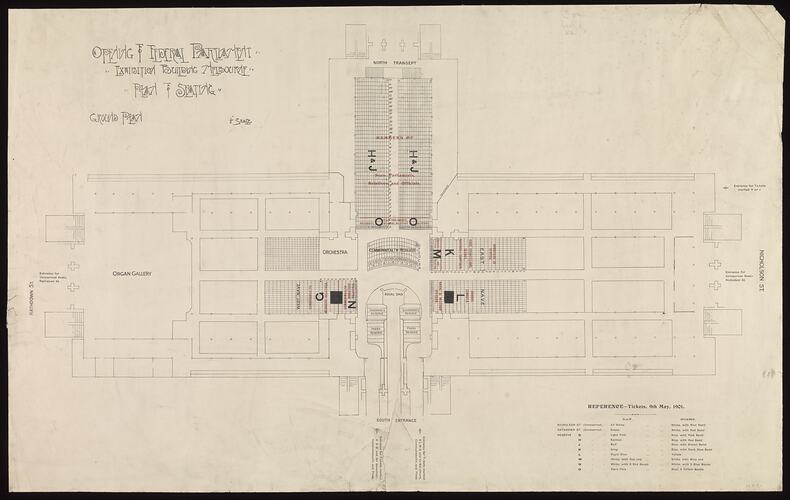 Printed floor plan showing layout of seating arrangements.