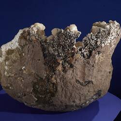 Rounded rock, cream crystals on rear side visible at top edge.