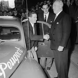 Negative - Redex, Men Next to a Peugeot Motor Car, Melbourne Town Hall, Melbourne, Victoria, May 1954