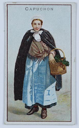 Card showing sketch of a caped woman holding a basket.