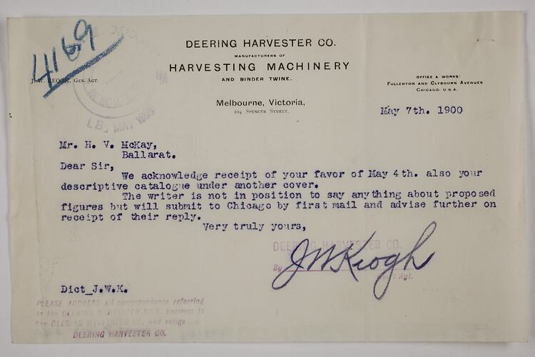Letter - Deering Harvester Co., to Mr H. V. McKay, Agency for Combine Harvester, 7 May 1900