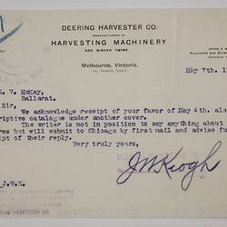 Letter - Deering Harvester Co., to Mr H.V. McKay, Agency for Combine Harvester, 7 May 1900