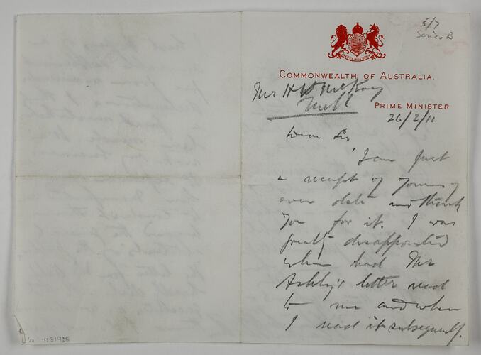 Letter - Prime Minister Andrew Fisher, to H. V. McKay, 26 Feb 1911