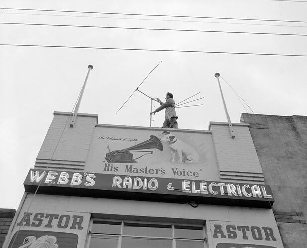 Radio Corporation Ltd, Roof of Webb's Radio & Electrical Store Front, Brunswick, Victoria, 1956